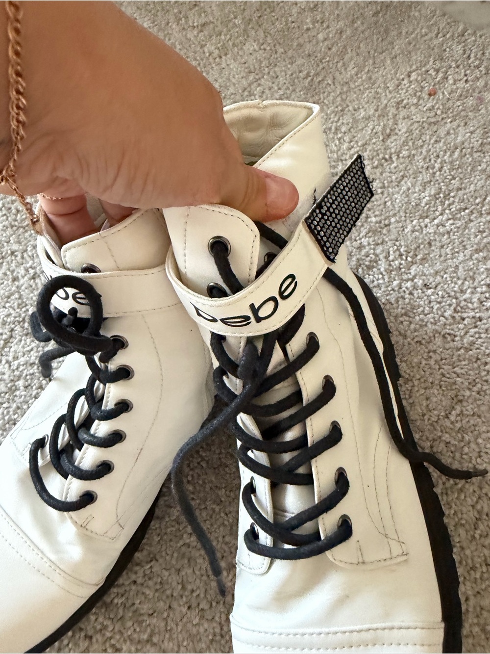 bebe White Lace-Up High-Top Boots with Black Laces